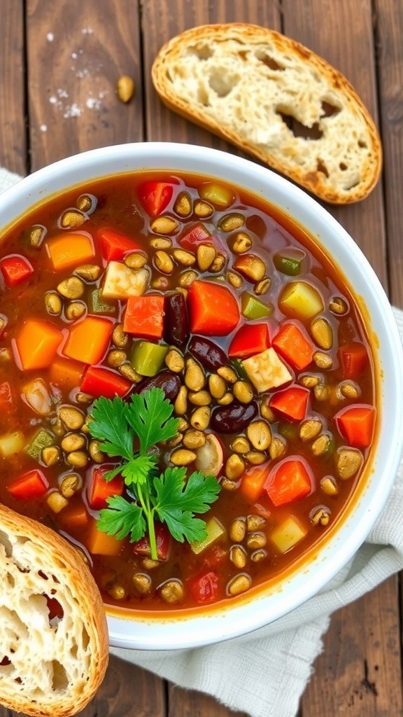 A bowl of lentil vegetable soup with carrots, celery, and tomatoes, garnished with parsley, on a wooden table with bread.